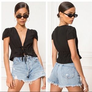 Superdown Sara Tie Front Drawstring Top in Black